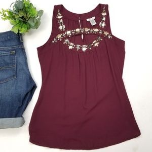 Cache jeweled Rhinestones Tank Top Burgandy SZ S